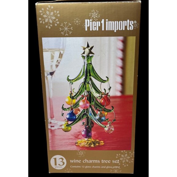 Pier 1 Imports Wine Charms Tree Set With 12 Glass Charms & Glass Stand - Picture 1 of 10